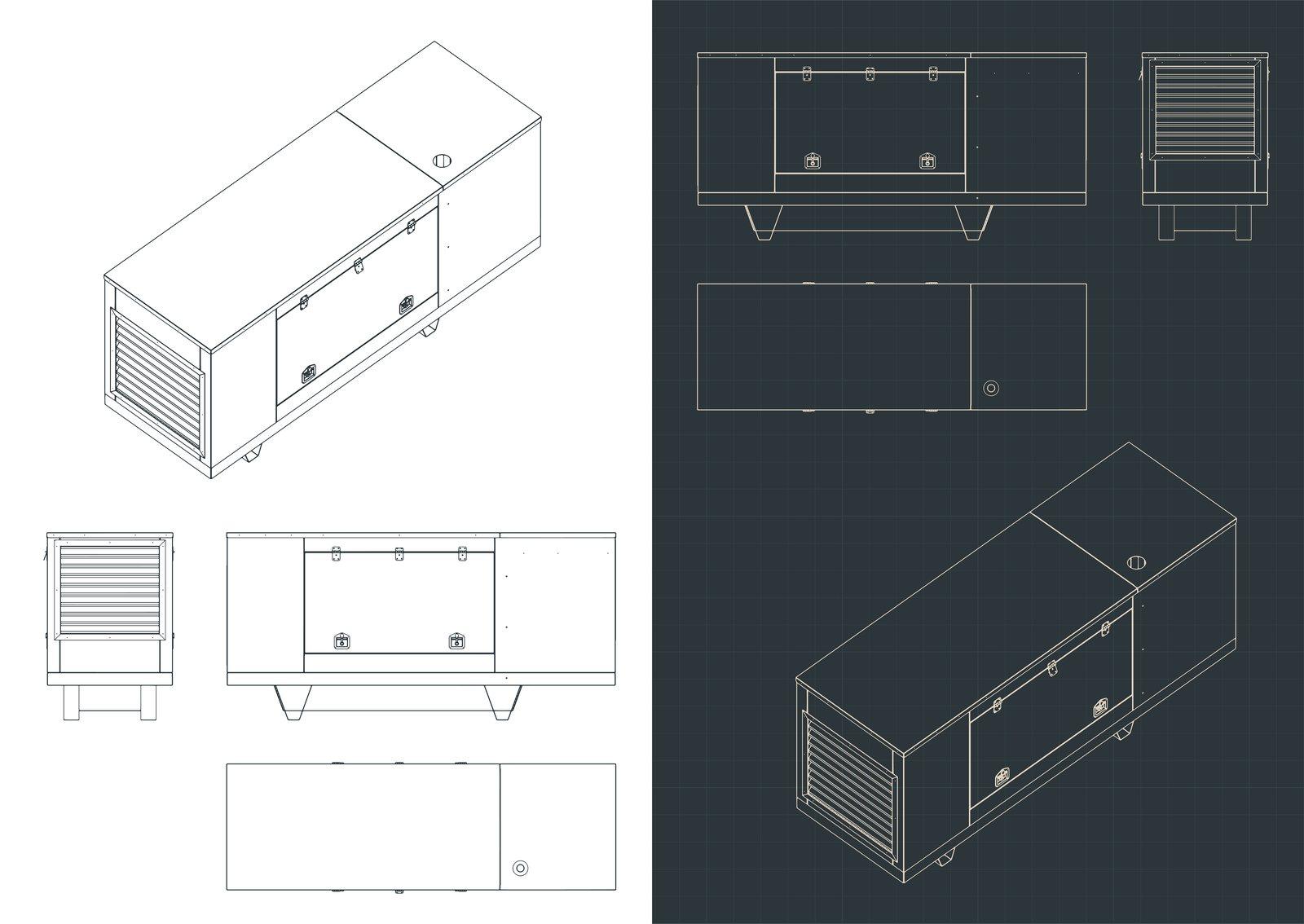 Orthographic and isometric CAD views of the same cabinet-style unit, drawn side by side