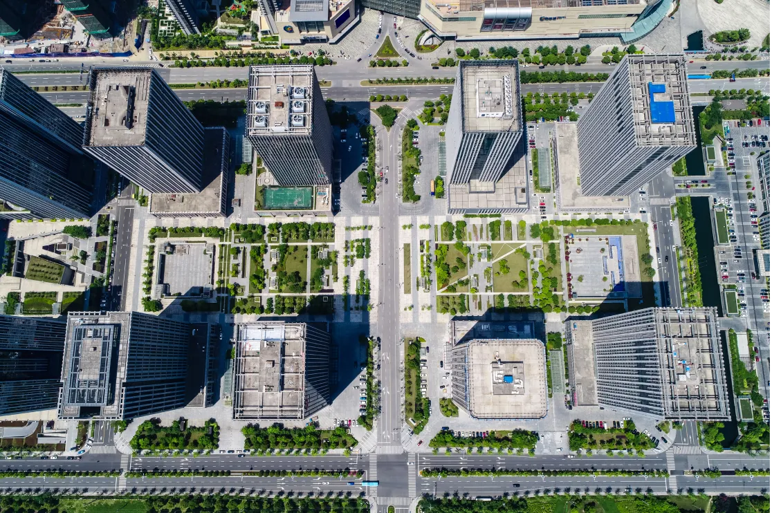 Aerial render 3D modern commercial building