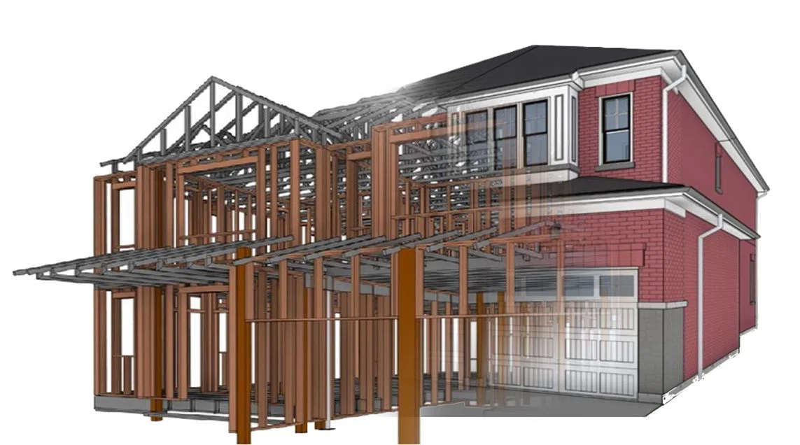 Residential BIM model displaying framing-to-finish construction details with structural components, building systems, and coordinated design elements