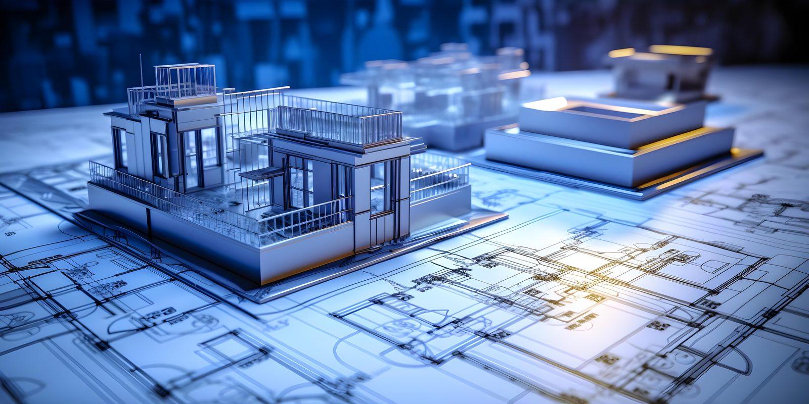 Digital rendering of a building model set over layered architectural drawings
