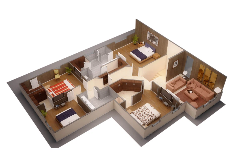 3D Dollhouse Rendering of a Modern Home Showcasing Furniture and Decor