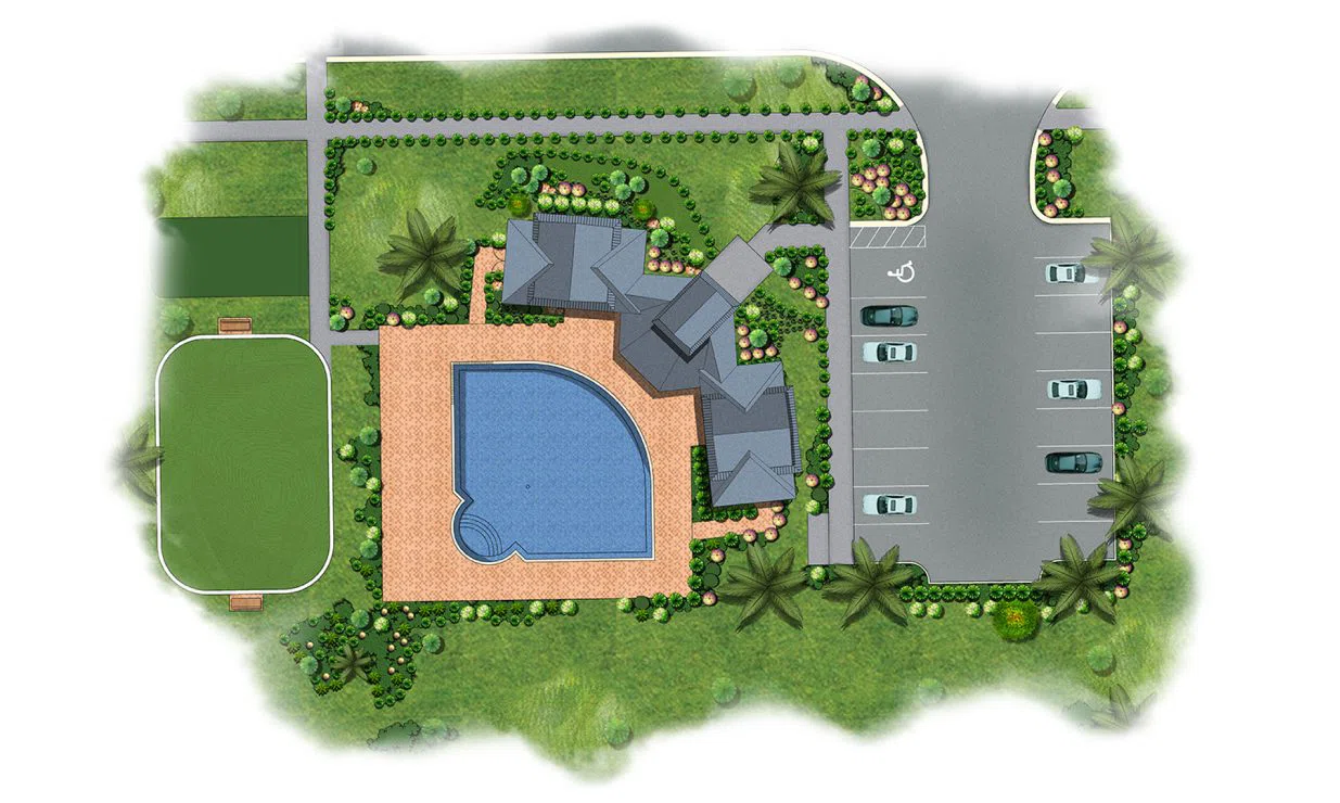 Residential architectural site plan showing pool layout, parking areas, landscaping elements, property boundaries, and site development details