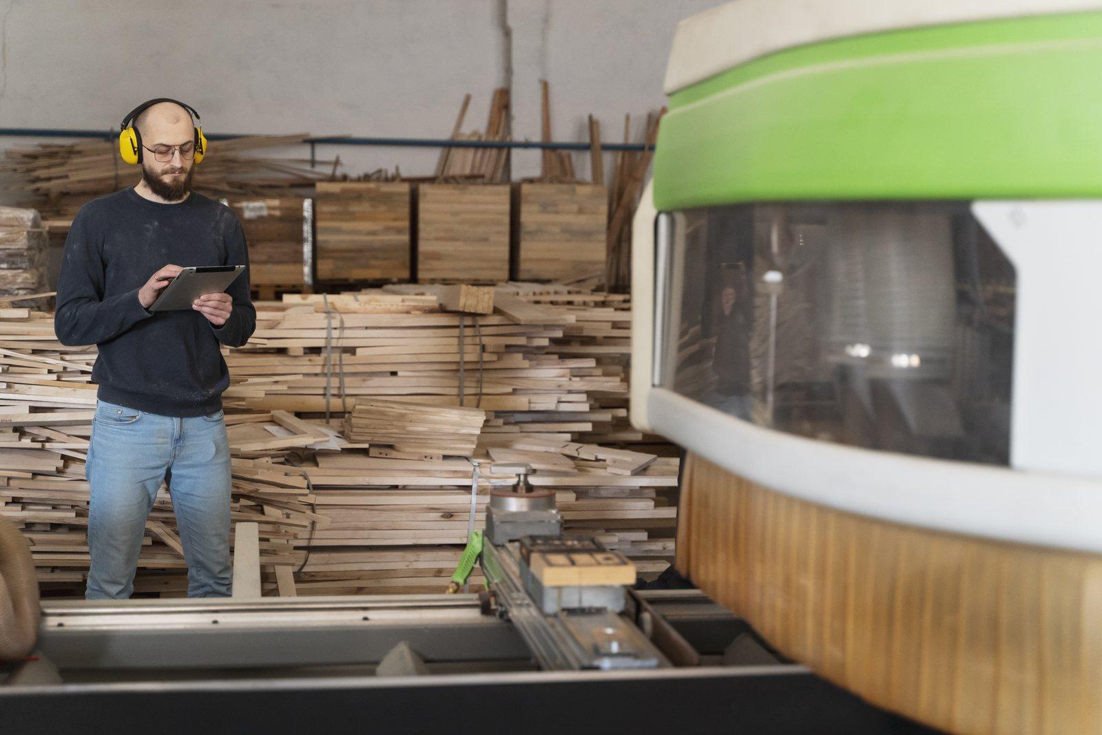 Worker with a tablet standing beside a CNC panel saw, offcuts stacked behind