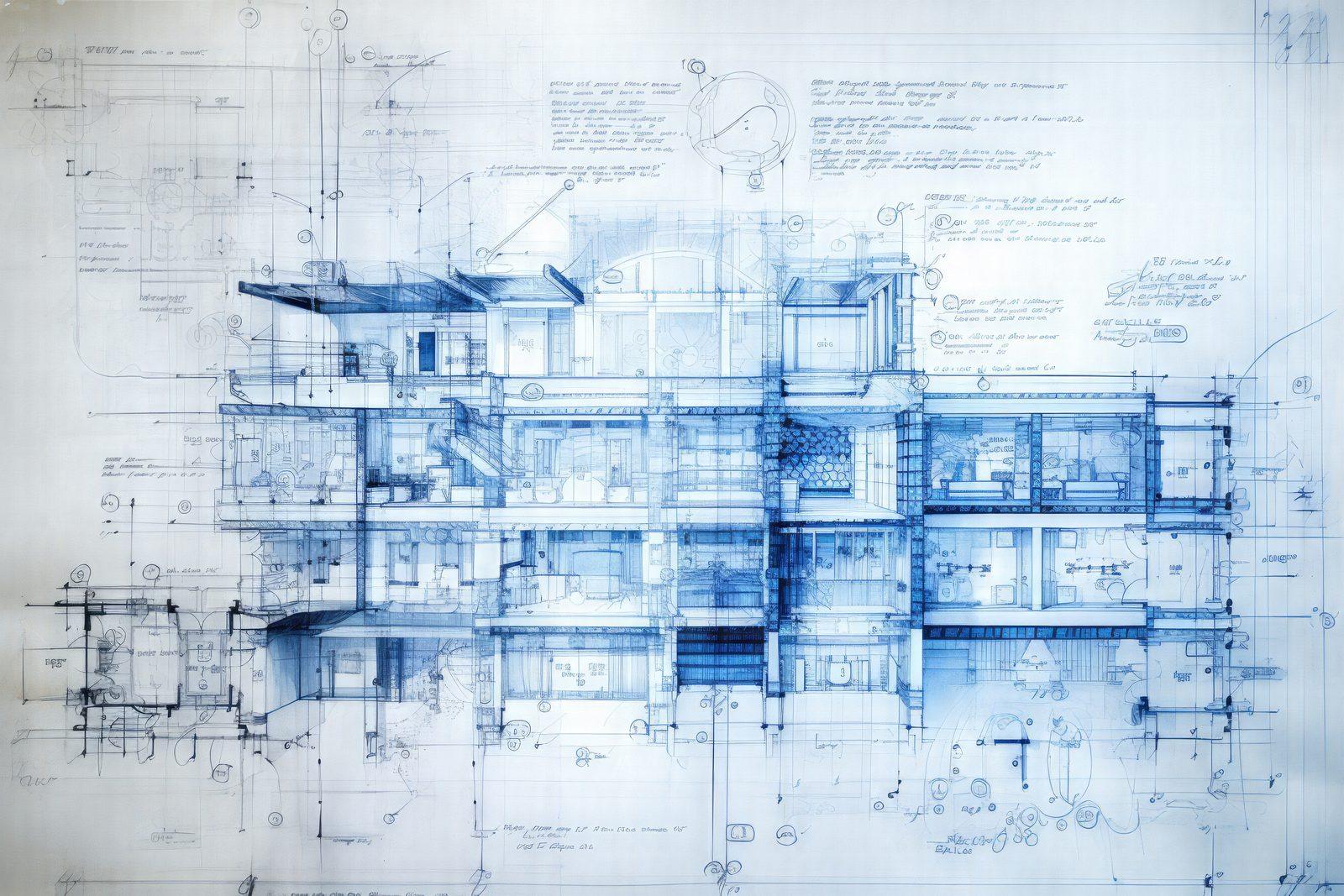 Detailed architectural cross-section drawing with dense handwritten annotations, in blue-toned rendering
