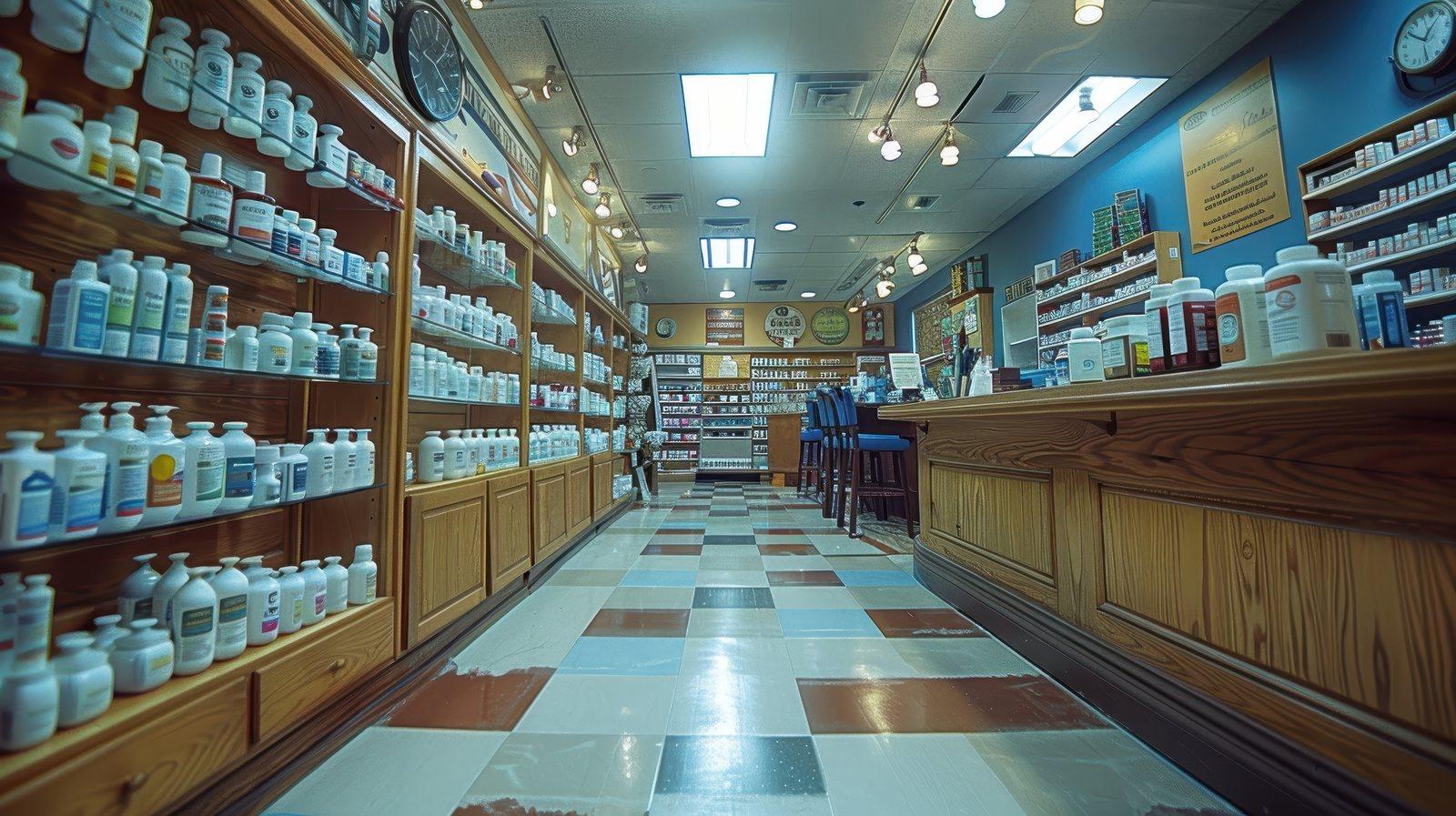 Pharmacy interior with wood-fronted shelving stocked with bottles and containers