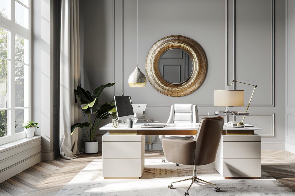 Minimalist and Warm Home Office Design in 3D