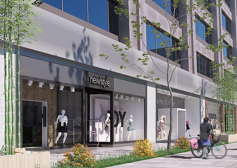 Photorealistic 3D rendering of a flagship retail storefront at street level featuring modern facade design and pedestrian-friendly access