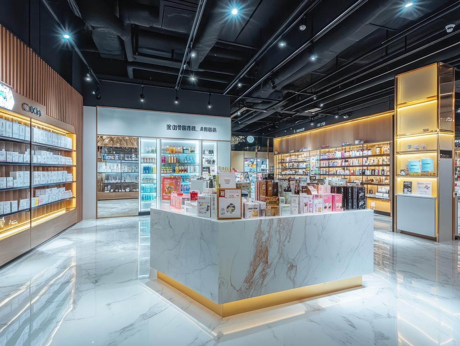 Modern retail store interior with marble product displays and lit shelving