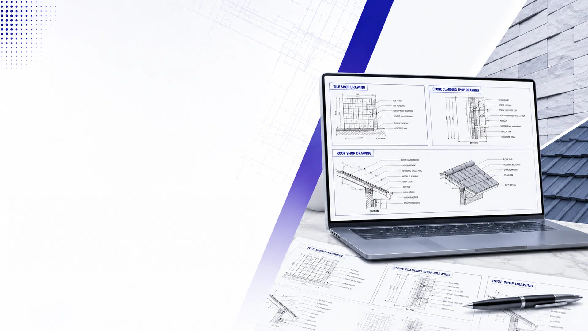 Detailed Stone, tile, flooring, metal, glazing and ceiling shop drawings