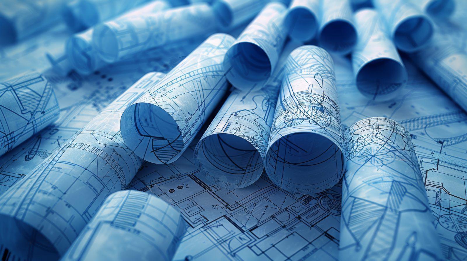 Rolled blueprint drawings in close-up, shown in blue-toned lighting